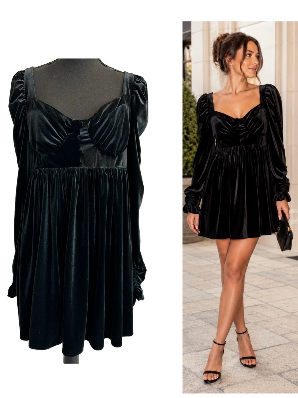 ASOS DESIGN Black Velvet Puff Sleeve Babydoll Mini Dress Size US 6